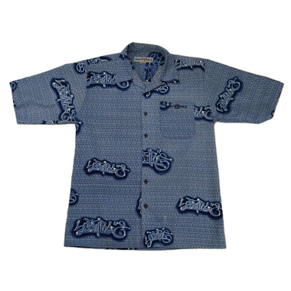 Southpole Mens Blue Graffiti All Over Print Button Up Shirt Y2K Streetwear Med